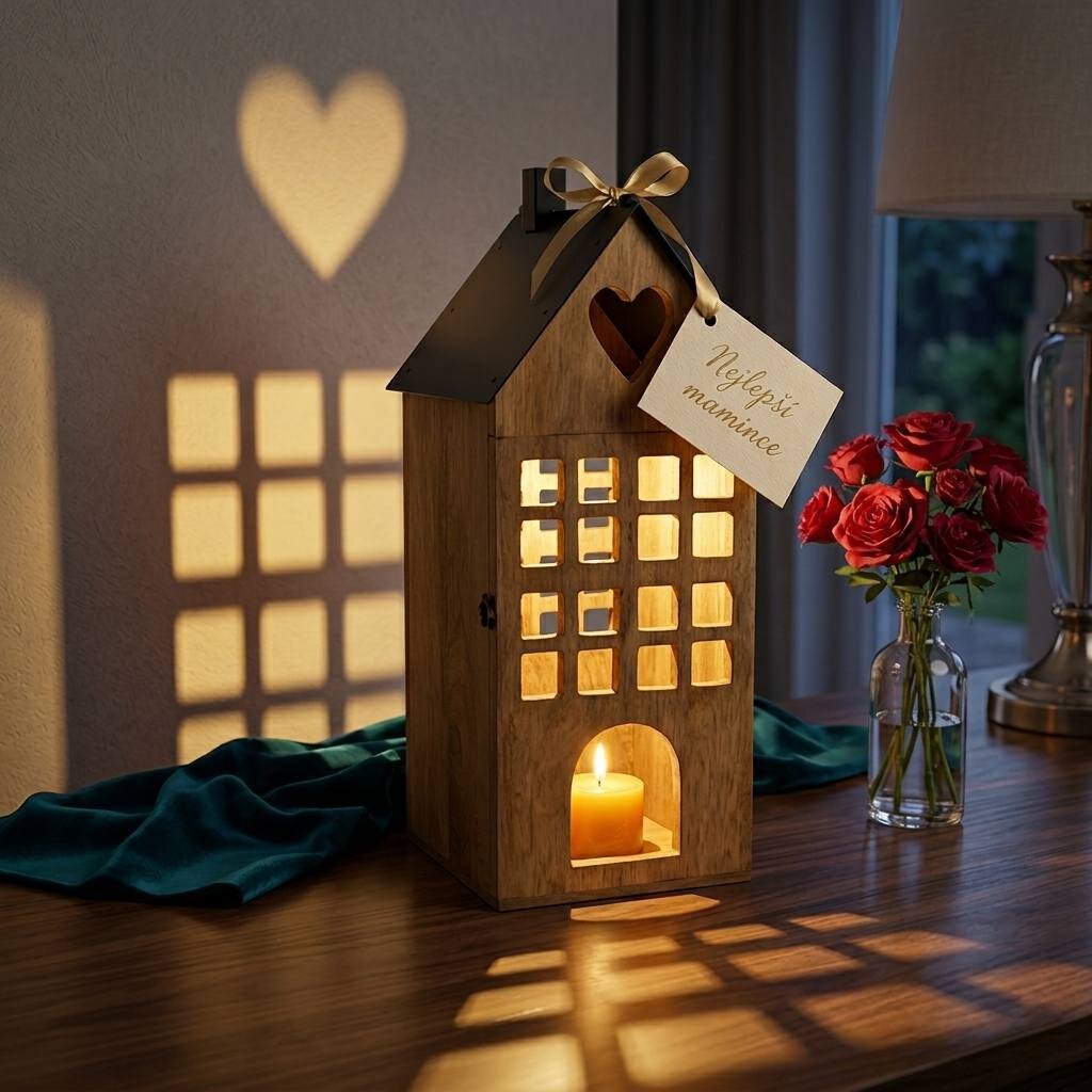 dřevěna lucerna ve tvaru domečku