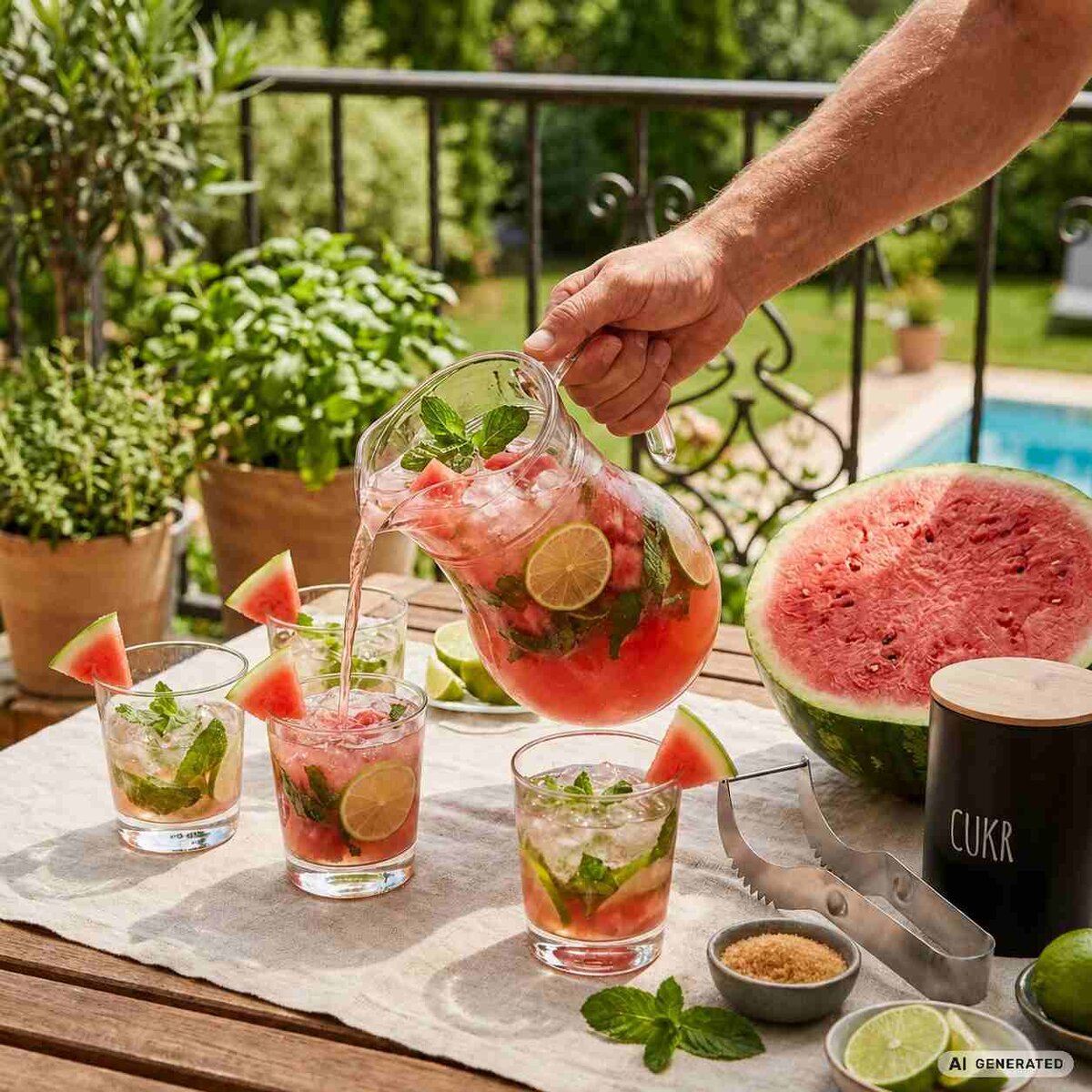 sklenice melounového mojito, dóza na cukr a vykrajovač na meloun