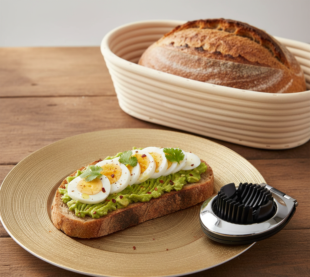 Orion kráječ na vajíčka Luxy, domácí chléb s avokádovou pomazánkou a chléb v ošatce