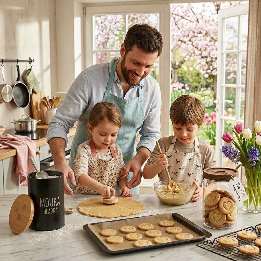 otec se dvěma dětmi pečící sušenky