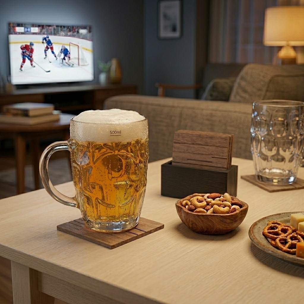 pivní sklenice a podtácky na stole