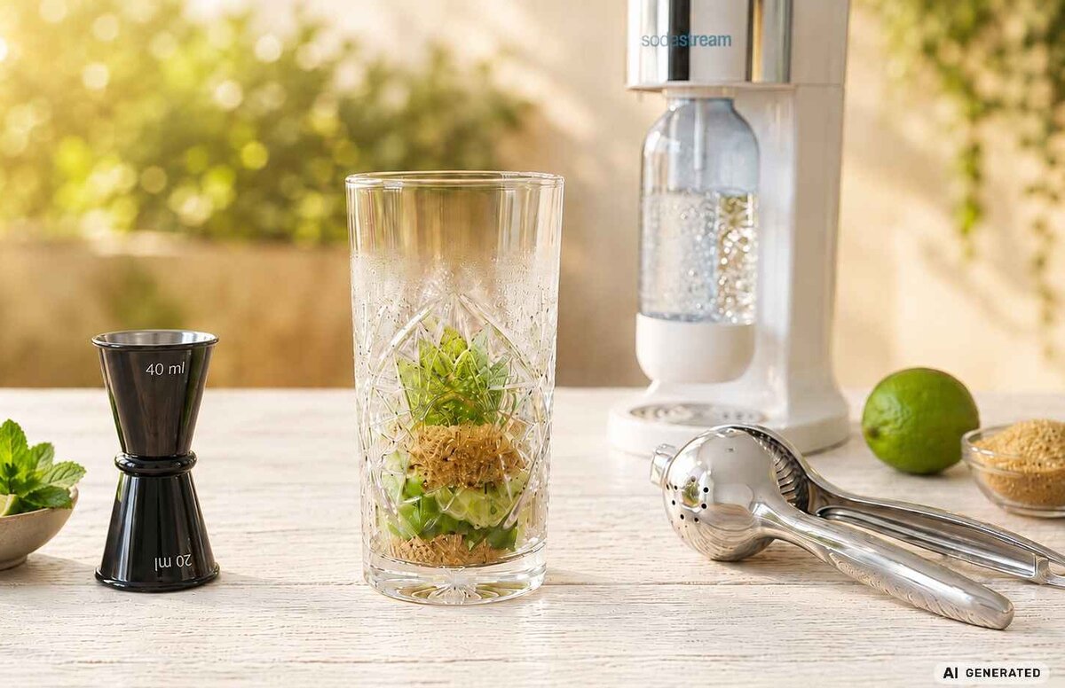sklenice na mojito, odlivka, lis na citrusy a výrobník sody