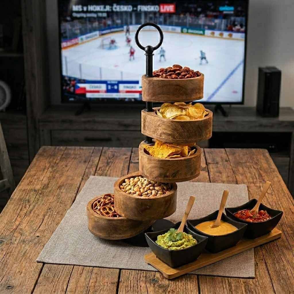 servírovací misky a dřevěný stojan mango s občerstvením