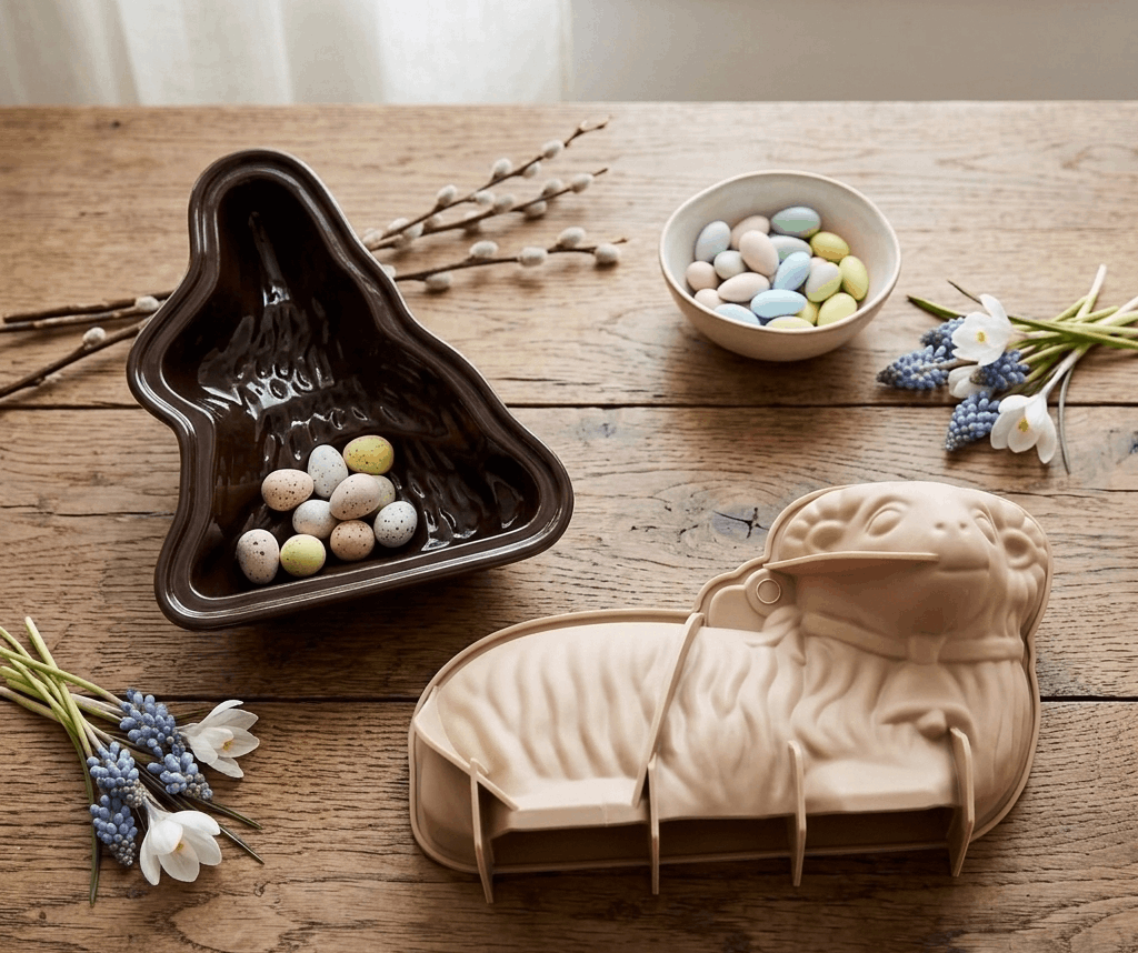 silikonová forma na beránka a keramická forma zajíc