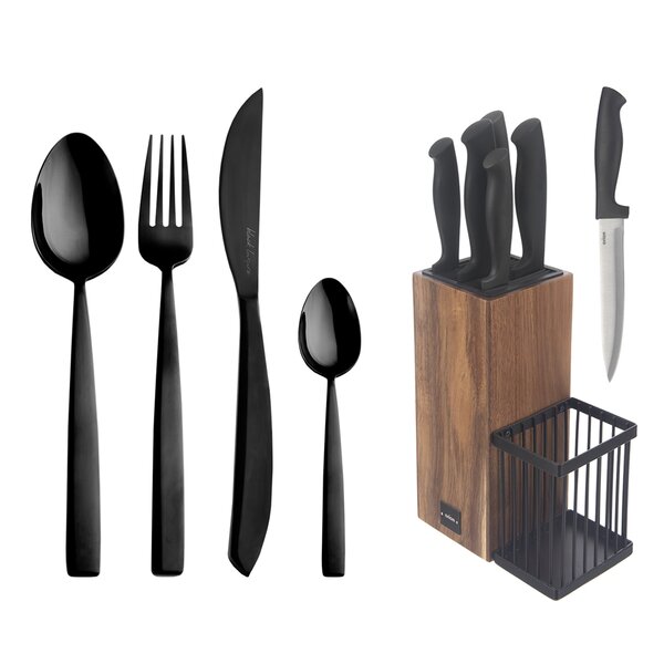 Příbory BLACK Luxure 24 ks + dárek Stojan na nože+5 ks nožů