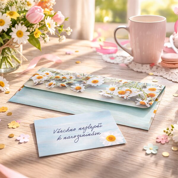 Papírová obálka heřmánek s vloženou kartičkou