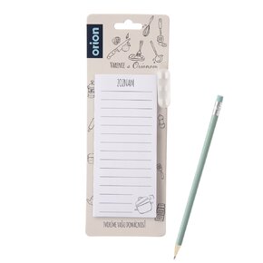 Blok s magnetem a tužkou na lednici 